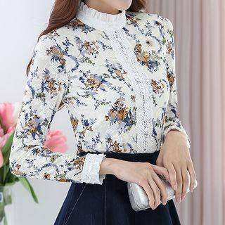 Frilled Neck Floral Print Lace Blouse