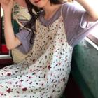 Elbow-sleeve T-shirt / Spaghetti Strap Floral Midi Dress