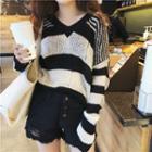 Striped V-neck Sweater Black & White - One Size