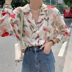 Long-sleeve V-neck Floral Shirt Shirt - One Size