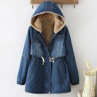 Faux Shearling Tie-waist Hooded Denim Coat