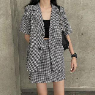 Short-sleeve Gingham Blazer / Cropped Camisole Top / Mini Skirt