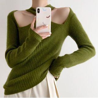 Long-sleeve Halter-neck Knit Top Pickle Green - One Size