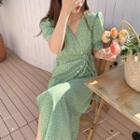 Puff-sleeve Floral Wrapped Chiffon Dress
