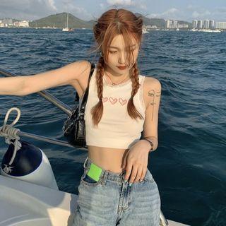 Heart Embroidered Lace Trim Crop Tank Top