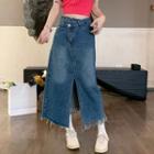 Frayed High-waist Denim Midi Skirt