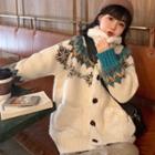 High-neck Long-sleeve Printed Faux Furry Cardigan
