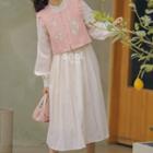 Long-sleeve Midi A-line Dress / Frill Trim Vest