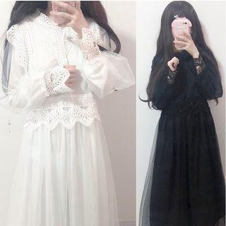Lace Panel Midi Mesh-overlay A-line Dress