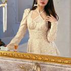 V-neck Long-sleeve Lace Panel Floral Dress