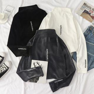 Long-sleeve Mock-neck Lettering Velvet T-shirt