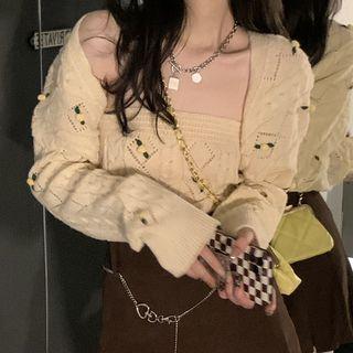 Set: Floral Accent Knit Tube Top + Cropped Cardigan Knit Tube Top - Floral - Light Yellow - One Size