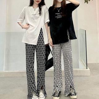 Elbow-sleeve Lettering T-shirt / Patterned Slit Straight-leg Pants