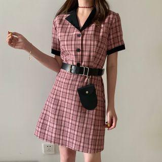 Short-sleeve Plaid Mini Dress / Pouch / Harness