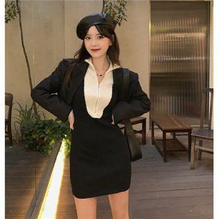 V-neck Two Tone Zip Skinny Mini Dress Black - One Size