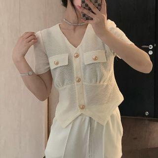 Short-sleeve Button-up Irregular Crop Top