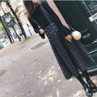 Set: Long-sleeve Knit Top + Plaid Midi A-line Suspender Skirt