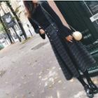 Set: Long-sleeve Knit Top + Plaid Midi A-line Suspender Skirt