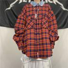 Front Pocket Plaid Button Jacket Red - One Size