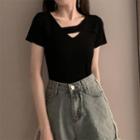 Short-sleeve Round-neck Cropped Plain Cutout Top