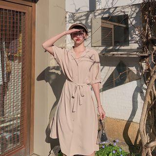 Elbow-sleeve Sashed Shirt Dress