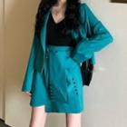 Set: Loose-fit Plain Blazer + Tie-front Buttoned Skirt