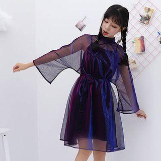 Set: 3/4-sleeve Mandarin Collar Mesh Dress + Slipdress