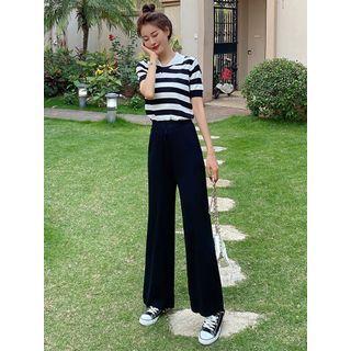 Set: Striped Short-sleeve Polo Shirt + Wide Leg Pants Set - One Size