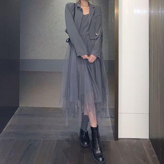 Plain Cardigan / Mesh Panel Spaghetti Strap Midi A-line Dress