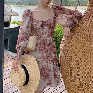 Long-sleeve Off Shoulder Print Dress