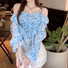 Off-shoulder Print Drawstring Crop Top Blue - One Size