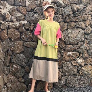 Short-sleeve Colour Block A-line Dress