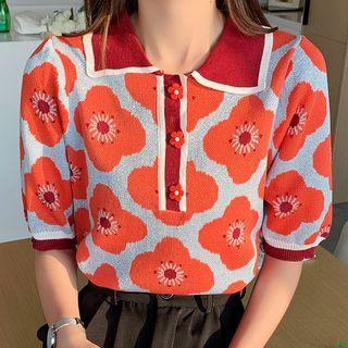 Polo Short-sleeve Flower Knit Top Flower - One Size