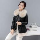 Furry-trim Faux-leather Padded Coat