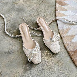 Faux Pearl Ankle-strap Chunky-heel Lace Mules