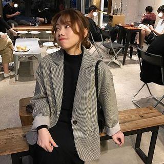 One-button Plaid Blazer / Mock-turtleneck Midi A-line Knit Dress