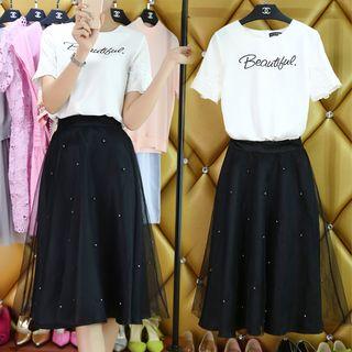 Short-sleeve Lettering T-shirt / Midi Mesh Skirt / Set