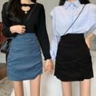 Plain Ruched Skirt / Asymmetrical Hem Medium Long A-line Skirt