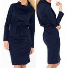 Drawstring Waist Cowl Neck Long-sleeve Sheath Dress