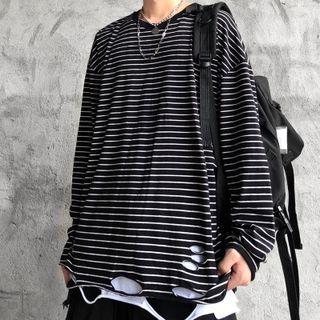 Long-sleeve Striped Distressed T-shirt Stripe - Black - One Size