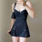Spaghetti Strap Ruffled-trim Lace-panel Bow-detail Mini Sexy Dress