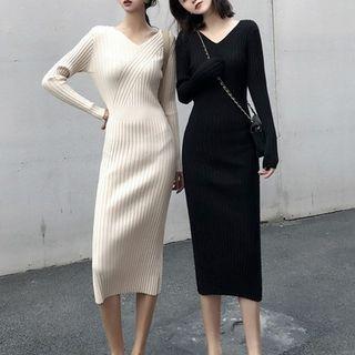 V-neck Ribbed Knit Midi Sheath Dress