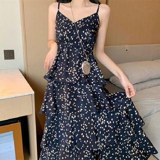 Spaghetti-strap Heart Print Layered Midi A-line Dress