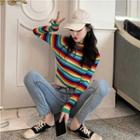 Color-block Striped Mock-neck Long-sleeve Top As Shown In Figure - One Size