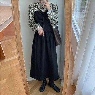 Long-sleeve Mock Two-piece Flower Print Midi Dress