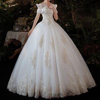 Off-shoulder Sequined Embroidered A-line Wedding Gown