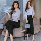 Set: Lace-up Striped Shirt + Crop Wide Leg Pants
