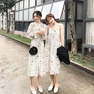 Long-sleeve Tie-neck Printed Dress / Strappy Dress