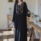 Long-sleeve Embroidered Maxi Oversized A-line Dress Dark Blue - One Size