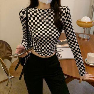 Long-sleeve Checkerboard Drawstring Crop Top Check - Black & White - One Size